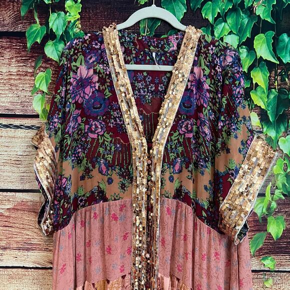 Free People One Fine Day Maxi Duster Kimono Large Sheer Sequin Tiered Dress - Picture 5 of 9